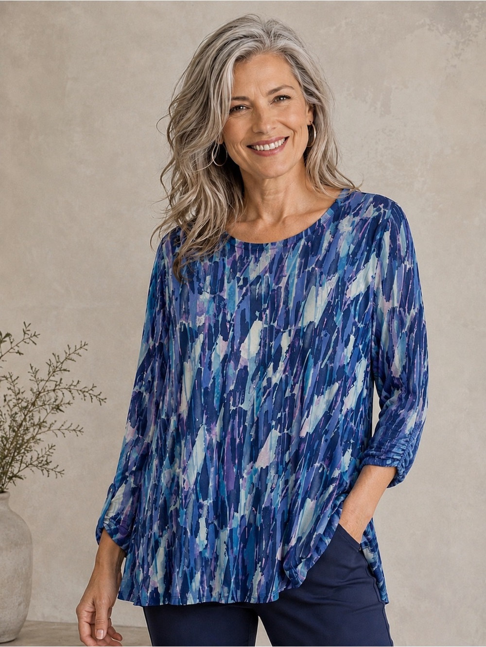 LOGO Lori Goldstein Womens Mesh Watercolor Abstract Blouse Ethereal Artsy 2X